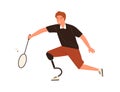 Paralympic male athlete playing badminton vector flat illustration. Disabled man with prosthetic leg holding racket