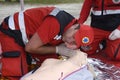 Paramedic checking sufferer heart beating and breathing, artificial respiration