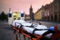 Paramedic of emergency medical service preparing stretcher for patient Royalty Free Stock Photo