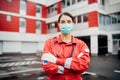 Paramedic in front of isolation hospital facility.Coronavirus Covid-19 heroes.Mental strength of medical professional.Emergency Royalty Free Stock Photo