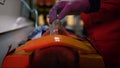 Paramedic hand in glove holding oxygen mask on patient face in emergency car Royalty Free Stock Photo