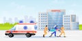 Paramedic and nurce carrying patient in stretcher from ambulance car. Vector illustration. Emergency medicine concept Royalty Free Stock Photo