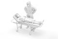 Paramedic in protective suite and patient on gurney. 3D illustration