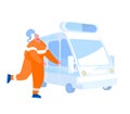 Paramedic or Rescuer Female Character Wearing Orange Uniform Run to Ambulance Car. Medic Staff at Work