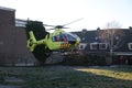 Paramedic trauma helicopter PH-ELP or Lifeliner 2 leaving scene of incident in Waddinxveen the Netherlands.