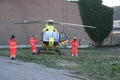 Paramedic trauma helicopter PH-ELP or Lifeliner 2 leaving scene of incident in Waddinxveen the Netherlands.