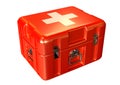 Paramedics first aid kit box in emergency care with medicines and supplies, white background isolated