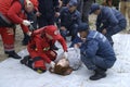 Paramedics giving first aid to sufferers at the first aid post