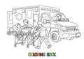 Paramedics take the patient to the ambulance. Coloring book