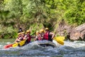 Adventure team doing rafting on the cold waters of the Nestos River