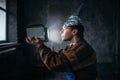 Paranoid man in tinfoil cap, mind protection, UFO Royalty Free Stock Photo