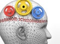 Paranoid schizophrenia and human mind - pictured as word Paranoid schizophrenia inside a head to symbolize relation between