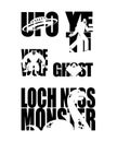 Paranormal Lettering. Werewolf and zombies Typography. UFO and Yeti letters. Loch Ness monster and ghost Silhouette of in text
