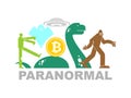 Paranormal object Concept. Bitcoin and zombies. UFO and Yeti. Loch Ness monster and ghost. electronic currency vector illustration Royalty Free Stock Photo
