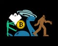 Paranormal object Concept. Bitcoin and zombies. UFO and Yeti. Loch Ness monster and ghost. electronic currency vector illustration Royalty Free Stock Photo