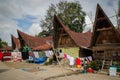 Unusual traditional houses with boat roofs of the Batak people on the island of Sumatra, Indonesia. The traditional architecture o