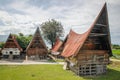 Unusual traditional houses with boat roofs of the Batak people on the island of Sumatra, Indonesia. The traditional architecture o
