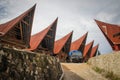 Unusual traditional houses with boat roofs of the Batak people on the island of Sumatra, Indonesia. The traditional architecture o