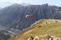 Parapenters viewed from Plan de l`Aiguille at 2,310 meters - Chamonix Mont Blanc, France. Royalty Free Stock Photo