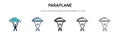 Paraplane icon in filled, thin line, outline and stroke style. Vector illustration of two colored and black paraplane vector icons