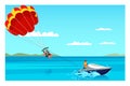 Parasailing illustration. Unforgettable experience. Sea resort and beach activities vector layout. Active and adventure