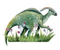 Parasaurolophus dinosaur on grass with fantasy flowers landscape watercolor illustration Royalty Free Stock Photo