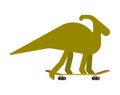 Parasaurolophus on skateboard. Dino Skateboarder. Prehistoric lizard monster riding longboard