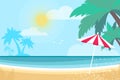 Parasol under the palm tree on Seashore. Time to travel. Tropical summer holidays. Seaside landscape. Flat.