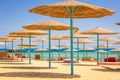 Parasols on the beach of Red Sea in Hurghada Royalty Free Stock Photo