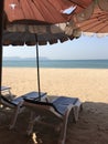 Parasols and sun loungers on the sandy beach Royalty Free Stock Photo