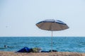 Parasols sunbed beach clouds turquoise sea.Panorama colorful umbrellas white sandy sunlight Royalty Free Stock Photo