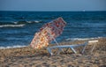 Parasols sunbed beach clouds turquoise sea.Panorama colorful umbrellas white sandy sunlight Royalty Free Stock Photo