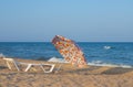 Parasols sunbed beach clouds turquoise sea.Panorama colorful umbrellas white sandy sunlight Royalty Free Stock Photo