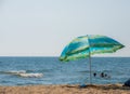 Parasols sunbed beach clouds turquoise sea.Panorama colorful umbrellas white sandy sunlight Royalty Free Stock Photo