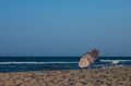 Parasols sunbed beach clouds turquoise sea.Panorama colorful umbrellas white sandy sunlight Royalty Free Stock Photo