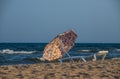 Parasols sunbed beach clouds turquoise sea.Panorama colorful umbrellas white sandy sunlight Royalty Free Stock Photo