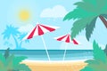 Parasols under the palm tree on Seashore. Time to travel. Tropical summer holidays. Seaside landscape. Flat.