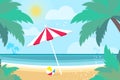 Parasols under the palm tree on Seashore. Time to travel. Tropical summer holidays. Seaside landscape. Flat.