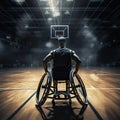 parasport. African american man in a wheelchair plays basketball in the gym. Paralympic games in the stadium