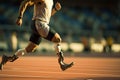 Parasport. man para athlete on prosthetic leg running track stadium, para athletics championships Royalty Free Stock Photo