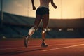 Parasport. Woman para athlete on prosthetic leg running track stadium, para athletics championships