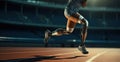 Parasport. woman para athlete on prosthetic leg running track stadium, para athletics championships Royalty Free Stock Photo