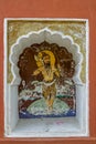 Parasuramavtar sixth incarnation of Lord Vishnu colourfully painted on wall of Vishnu Narayan temple at top of Parvati ; Pune