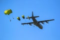 Paratroopers jumping out of a US Air Force Lockheed Martin C-130 Hercules transport plane from Ramstein Air Base. The Netherlands
