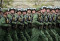 Paratroopers of the 331st guards airborne regiment in Kostroma during the parade on red square in honor of Victory Day.