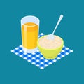 Parboiled rice Porridge and fruit juice. Breakfast Healthy food. Royalty Free Stock Photo