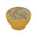 Parboiled rice in wooden bowl isolated. Groats in wood dish. Grain on white background. Vector illustration