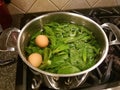 Parboiling Polk Salat Leaves in stainless steel pot on stove with eggs