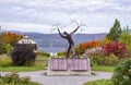 Parc-des-Ancetres with a View of Its Monument, the St. Lawrence River and the Laurentian Mountains Royalty Free Stock Photo