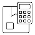 Parcel box with calculator thin line icon, delivery service concept. Vector graphics. Cardboard box with counting tool